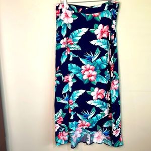Tommy Bahama Island Navy Floristic Approach Faux wrap Maxi hi-low skirt size 8